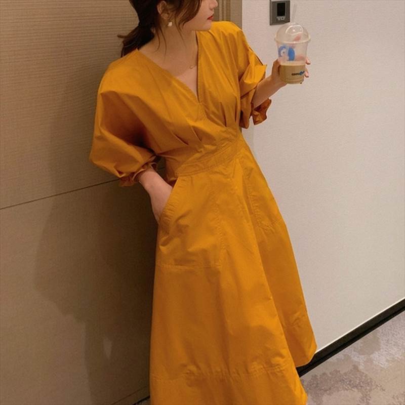 ボリューム袖シャツワンピース Vネックシャツワンピース レディース ワンピース シャツワンピース ロングワンピース ドレス ワンピドレス Vネック タックワンピース ボリュームスリーブ 7分袖 かわいい きれいめ 送料無料 個性的 ワンピース シンプル 韓国 オルチャン｜ORIENTAL WIND