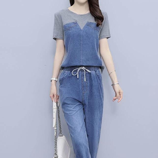 2セット セットアップ レディース トップス パンツ ボトムス Tシャツ ストレートパンツ デニムパンツ 半袖 ラウンドネック 襟なし ハイウエスト ウエストゴム ドロスト 伸縮性 切り替えデザイン 異素材MIX 大人可愛い 送料無料 個性的 セットアップ 韓国 オルチャン おしゃれ｜ORIENTAL WIND