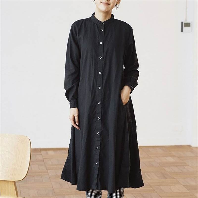 シャツ ワンピース ロング レディース トップス 春 羽織り 綿 ゆる ゆったり ルーズ 大きめ 体型 カバー スタンドカラー 長袖 袖あり ポケット 無地 シンプル ドロップショルダー おしゃれ 大人 かわいい カジュアル ナチュラル マタニティー お出かけ 韓国 オルチャン