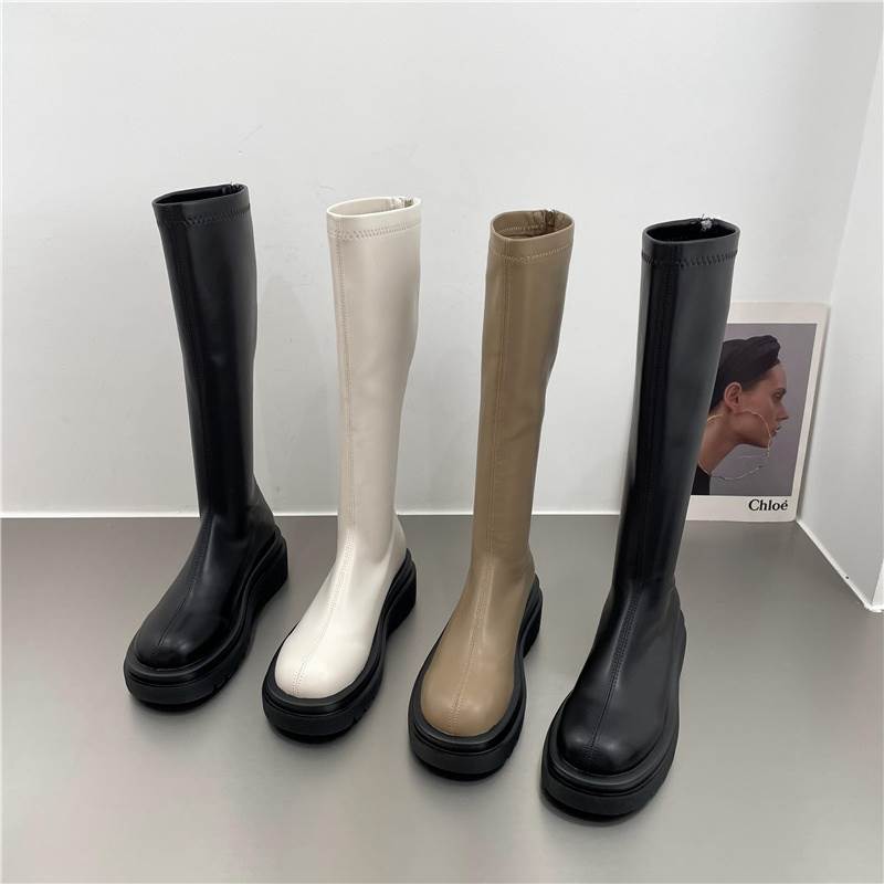 PU レザー ロングブーツ シューズ 靴 くつ クツ ブーツ ミドルブーツ 5cmヒール 厚底 ラウンドトゥ 歩きやすい 裏ボア 暖かい あったか 歩きやすい かわいい 大人可愛い シンプル カジュアル 大人 おしゃれ お洒落 無地 秋 冬 10代 20代 レディース 通勤 学生 通学