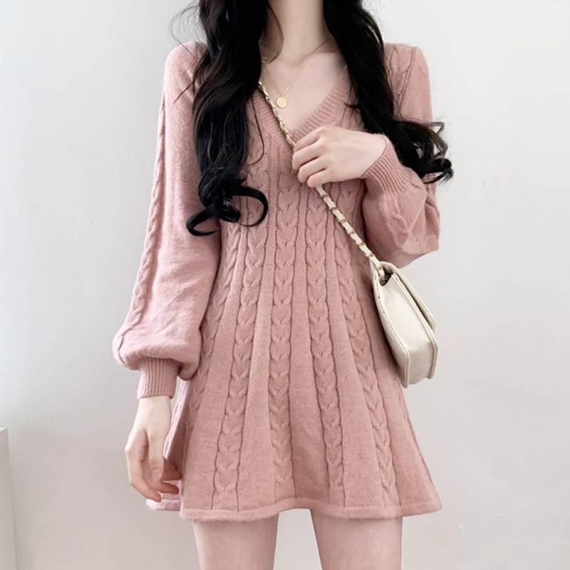 DABUWAWA 上品 長袖 ニットワンピース ショート ⅴネック 大人気 DABUWAWA キュート vネック ドット柄 長袖 スリムワンピース