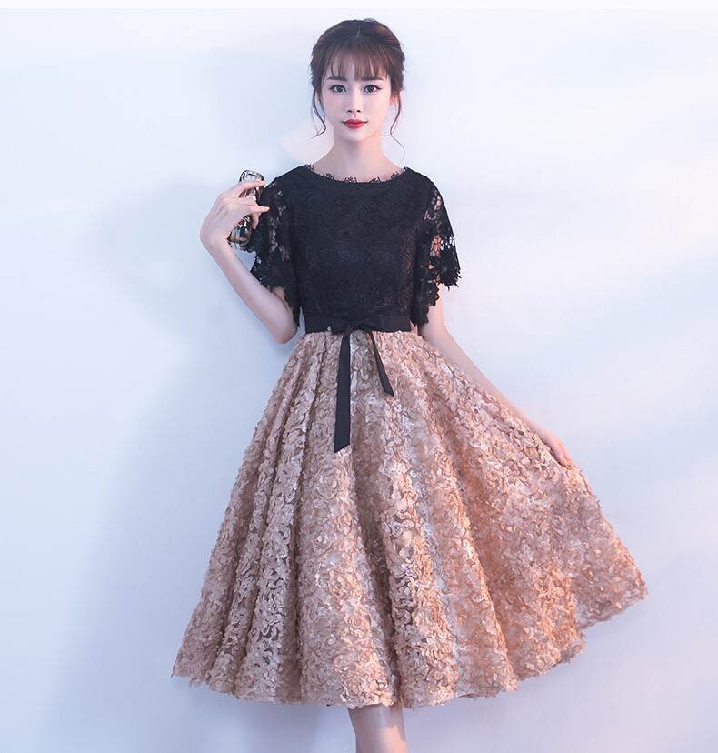 小さなイブニングドレス女性冬誕生日パーティーフレンチドレスドレス ワンピース ワンピドレス 膝下 ミディアム丈 半袖 Uネック ストレート レース シフォン リボン ウエストマーク バックリボン ハイウエスト 大人可愛い上品 お洒落 レトロ 大人女子 ラブリー
