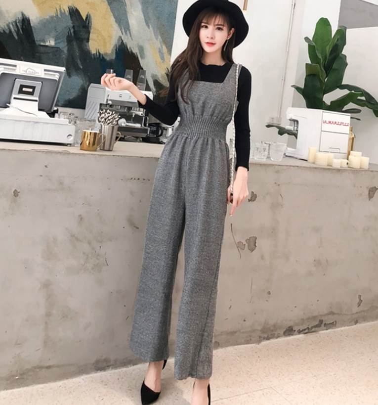 セットアップ サロペット ワイドパンツ アンクル丈 長袖 ストレート ハイウエスト 2点セット ツーピース かわいい 大人可愛い きれいめ カジュアル おしゃれ 無地 春 秋 10代 20代 30代 レディース デート お出かけ ファッション サイズ S M グレー