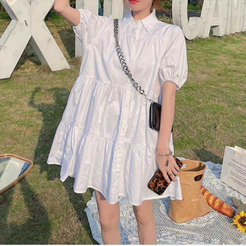 レディース ワンピース シャツワンピ フレア ミニ ショート ティアード 膝上 半袖 パフスリーブ Aライン かわいい 大人可愛い きれいめ シンプル カジュアル エレガント 上品 こなれ感 ガーリー モード系 主役級 存在感 抜け感