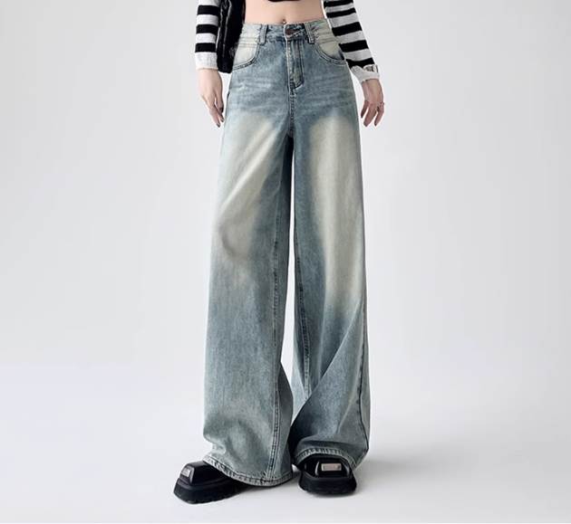 レディース パンツ ボトムス デニム ジーンズ Gパン ストレートパンツ ワイドパンツ デニムパンツ 丈長 ワイド ストレート ストリート ファスナー ポケット ハイウエスト ボタン ダメージ ウォッシュ きれいめ カジュアル おしゃれ