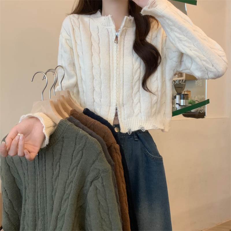 レディース トップス ニット カーディガン 長袖 ラウンドネック フェミニン ファスナー かわいい 大人可愛い きれいめ シンプル カジュアル 上品 おしゃれ ガーリー 無地 秋 冬 お出かけ ショッピング 体型カバー プチプラ 普段使い