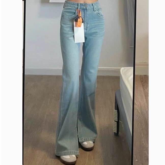 レディース パンツ ボトムス Gパン デニムパンツ フレア セミフレア 裾ワイド フェミニン ストリート ファスナー ポケット ハイウエスト ヴィンテージ アメカジ ブルーデニム 薄手 きれいめ シンプル カジュアル おしゃれ かっこいい