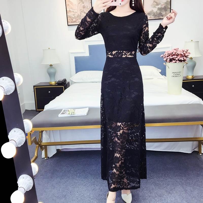 ワンピース ロングワンピース 長袖 ラウンドネック 刺? 透かし編み ウエストマーク 透け感 かわいい 大人可愛い きれいめ シンプル 上品 おしゃれ かっこいい カジュアル こなれ感 個性的 主役級 存在感 抜け感 オールシーズン