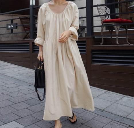 ゆったりナチュラルロングワンピース ワンピース ロング丈 袖あり Aライン スリット 綿 爽やか 大人スタイル かわいい 大人可愛い きれいめ シンプル カジュアル 大人 上品 おしゃれ かっこいい レトロ アジアン 大人可愛い 大人女子 ラフ ラブリー キュート 無地 春 夏