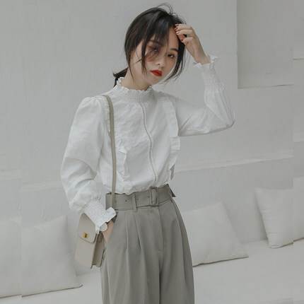 フリルネックブラウス トップス シャツ ブラウス Gジャン 袖あり 長袖 ハイネック フリル 綿 かわいい 大人可愛い きれいめ シンプル カジュアル 大人 上品 おしゃれ お洒落 レトロ 大人可愛い 大人女子 こなれ感 ラフ キュート ルーズ 主役級 存在感 無地 春 秋 10代