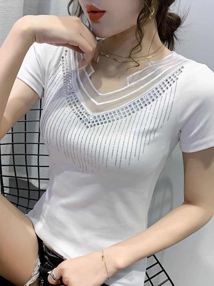 半袖tシャツレディース夏パーマセーター半袖トップス トップス Tシャツ 白トップス ミディアム丈 半袖 Vネック タイト レース 透け感 シースルー 大人可愛い きれいめ カジュアル 大人 おしゃれ レトロ 大人女子 こなれ感 個性的 クール モード系 柄 夏 20代 30代 40代