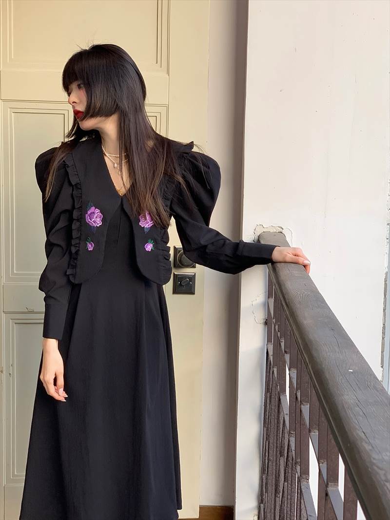 ワンピース ワンピドレス ロング丈 袖あり 長袖 Vネック フレア Aライン 刺繍 フリル ハイウエスト 大人可愛い きれいめ おしゃれ レトロ 大人女子 クール モード系 セクシー エレガント 存在感 春 秋 10代 20代 30代 レディース デート お出かけ 女子会 休日 9,202円
