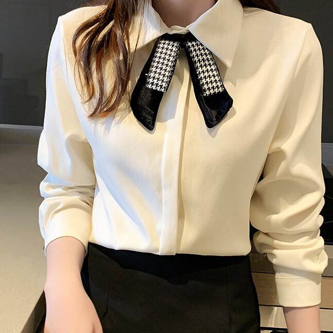 トップス シャツ ミディアム丈 袖あり 長袖 襟付き ポロカラー ストレート リボン かわいい 大人可愛い きれいめ 上品 おしゃれ レトロ 大人女子 こなれ感 エレガント 主役級 フォーマル 千鳥格子 春 秋 2022 20代 30代 40代 レディース 通勤 デート お出かけ 女子会