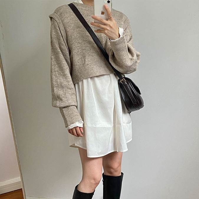 バックリボンニット トップス シャツ セーター ショート ショート丈 袖あり 長袖 ラウンドネック リボン バックリボン バックシャン バックコンシャス 2点セット ツーピース かわいい 大人可愛い きれいめ シンプル カジュアル 大人 上品 おしゃれ お洒落 大人可愛い