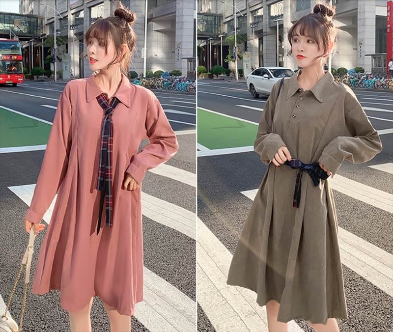3way ワンピース 膝丈 ひざ丈 袖あり 長袖 襟付き Aライン ベルト かわいい シンプル カジュアル ガーリー 無地 チェック柄 春 秋 10代 20代 30代 レディース 女性用 お出かけ 着回し 普段使い 楽ちん 体型カバー M L 緑 グリーン ピンク