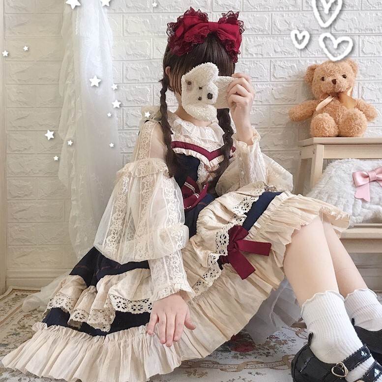 ワンピース ジャンパースカート 膝下 袖あり 長袖 ボリューム袖 ラウンドネック フレア Aライン レース フリル リボン ハイウエスト かわいい 大人可愛い おしゃれ ラブリー キュート ガーリー 個性的 エレガント 主役級 存在感 無地 春 秋 10代 20代 レディース