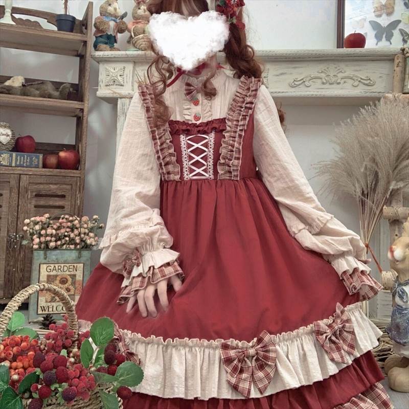 ロリータ風 ワンピース フレアスカート 膝下 袖あり 長袖 ボリューム袖 襟付き スタンドカラー Aライン プリーツ フリル リボン ハイウエスト かわいい 大人可愛い 上品 おしゃれ ラブリー キュート ガーリー エレガント 主役級 存在感 チェック柄 春 秋 冬 ハロウィン