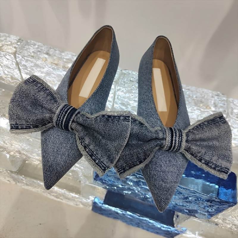レディース デニムフラットシューズ ビッグシュロの葉 パンプス 木目細か ポインテッドトゥ シュロの葉 ジーンズ 愛くるしげ 今めかしい 雅びやか ラブリー ガーリー 女子らしい オール時節 お出かけ 公休日 青色