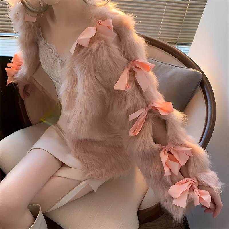 フェイクファーリボンコート ２色合い Faux fur ribbon coat レディース アウター A生産ライン シュロの葉 成年者好いたらしい 心地よい 今めかしい ガーリー 雅びやか 無地 冬 お出かけ 寄りあい 泊まり 買い出し 合コン 相手 喫茶店 コーデ