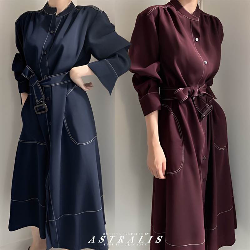 ステッチコートワンピース 全２色 レディース ベルト付き 大人可愛い 上品 おしゃれ エレガント 無地 ロングコート セミロング丈 前あき スタンドカラー バイカラーステッチ 秋 冬 春 トレンチコート式 Aライン ウエストマークワンピース 着痩せ 襟付き ボタンスイッチ