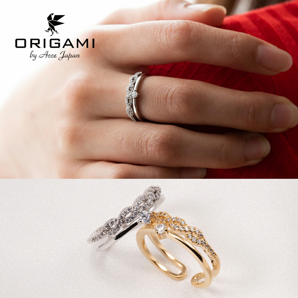 楽天市場 リング 指輪 おしゃれ フリーサイズ キラキラ シンプル ゴールド シルバー オープンリング デザイン かわいい メタル ストーン ダイヤ風 重ね付け風 一粒 輝き デイリー オフィス プレゼント ギフト 送料無料 Origami