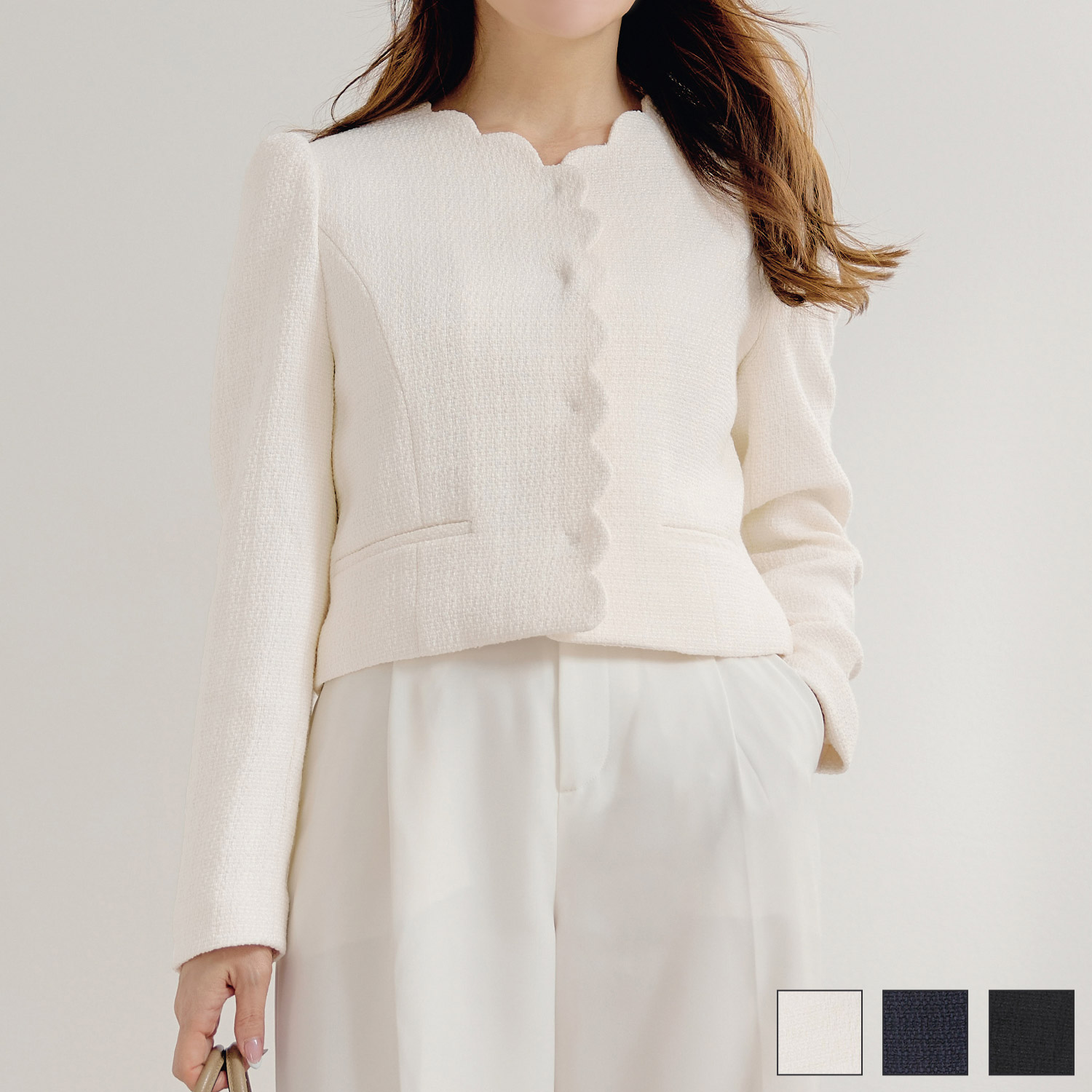 オケージョン 入卒園 上品 フォーマル セレモニー 大人可愛い きれいめ カジュアル S/M/L ジョイントスペース オケージョン スカラップ Vネック ショート ジャケット Liala&times;PG 全3色｜lpg241-2198【1】｜Joint Space 店