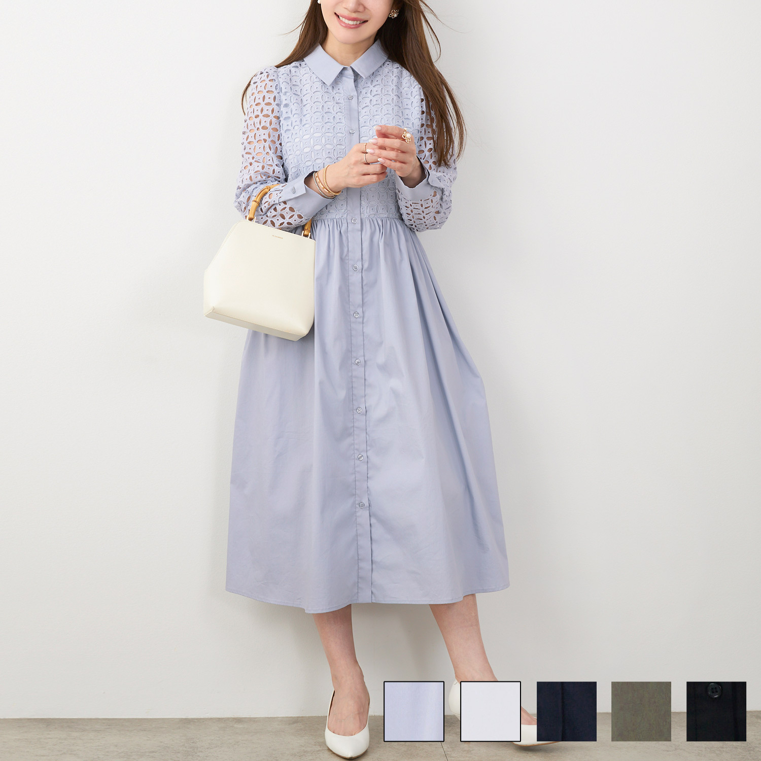 手洗い可 S/M/L お呼ばれ フェニミン ファッション 洗える 大人 上品 きれいめ エレガント 秋 春 かわいい 白 コットンレース 襟付き 長袖 ワンピース Liala×PG 全5色｜lpg311-1580【6】