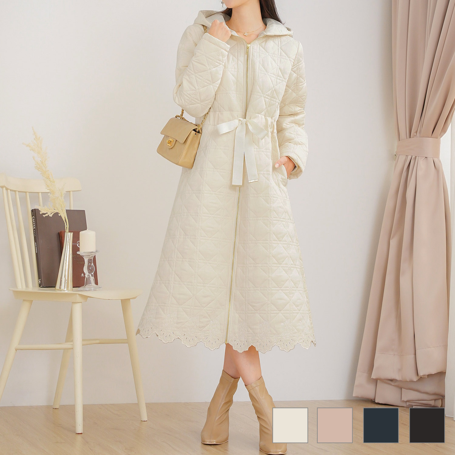 アウター キルティング インナーダウン ロング丈 中綿 ジョイントスペース スカラップ刺繍 キルティング ロング丈 コート le reve vaniller 全4色｜lvn141-2121【3】
