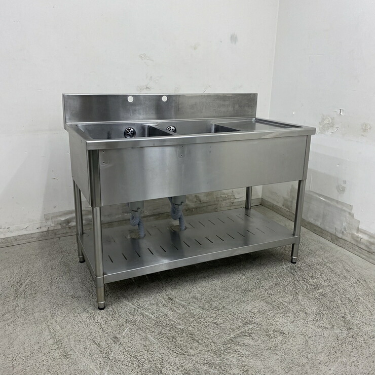 【中古】 A09270 2槽シンク 水切り付(右) ステンレス 流し台 W1200 x D600 ｘ H800(+150) mm　【業務用】【厨房用】【家財おまかせ便】