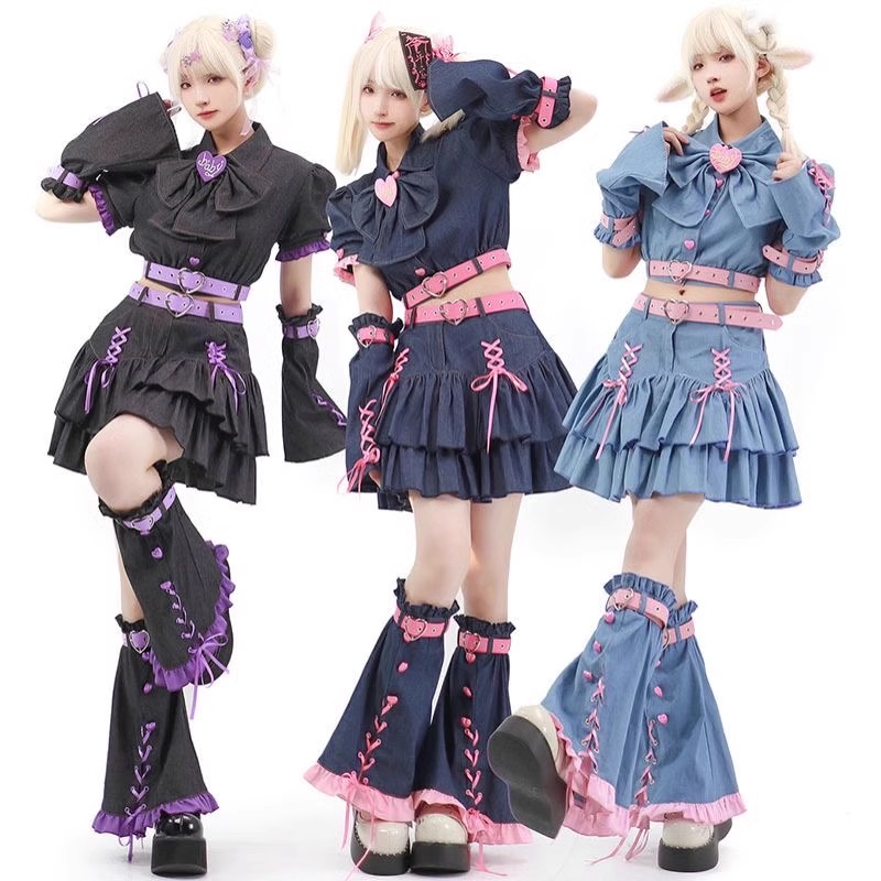 ロリータ風 ゴスロリ 地雷系 コスプレ 衣装 Y2K ファッション デニム セット衣装 ミニスカート ゆめかわいい 森ガール 萌え メンヘラ 黒 水色 ピンク ハロウィン 仮装