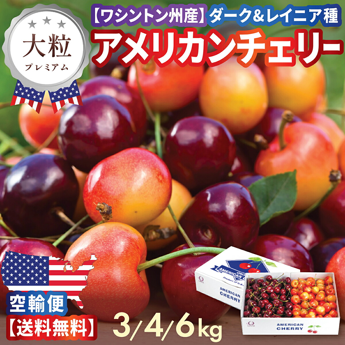 【早割 予約】アメリカンチェリー大粒ワシントン州産ダーク＆レイニアチェリー 高糖度 濃厚甘み&ジューシー 3kg・4kg・6kg 最高級・ 厳選 ギフト・贈答用にも 夏季限定 厳選直輸入 お中元・プレゼント 空輸 送料無料 ミックス さくらんぼ American Cherry プレミアムチェリー