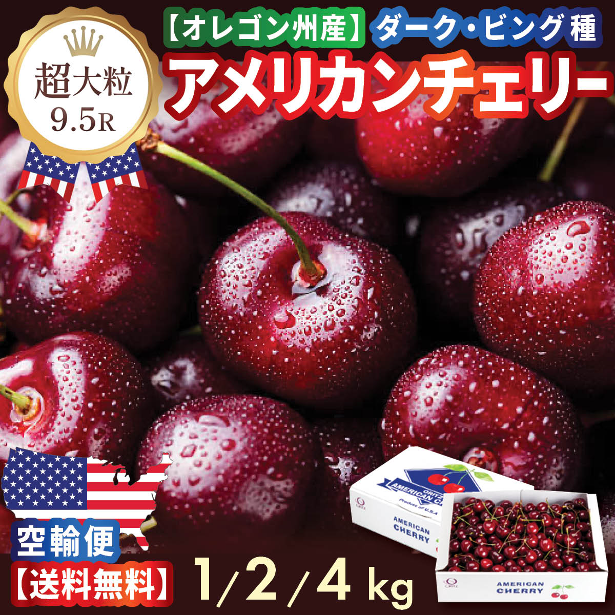 【早割 予約】超大粒 アメリカンチェリー オレゴン産ダークチェリー9.5R 高糖度&ジューシー 1kg 2kg 4kg 新鮮チェリー 最高級 厳選 ギフト 贈答用に最適 旬のフルーツ 夏季限定 厳選直輸入 お中元・プレゼント 空輸 送料無料 サクランボ American Cherry ビング 車厘子 櫻桃