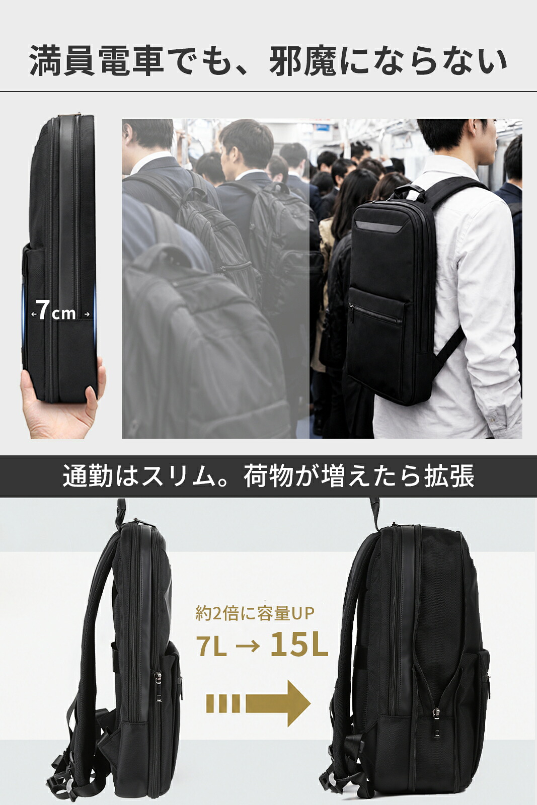 薄型なのに、2倍に拡張】ビジネスリュック メンズ 拡張機能 薄型 大 