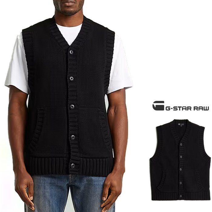 ■■SALE■■ G-STAR　RAW【 ジースターロウ 】 D27224-D631-6484【Heavy Vest Knit】 ボタンフライ・ベスト ハイゲージ・オーガニックコットン・Vネックベスト color：【 DARK BLACK 】ブラック