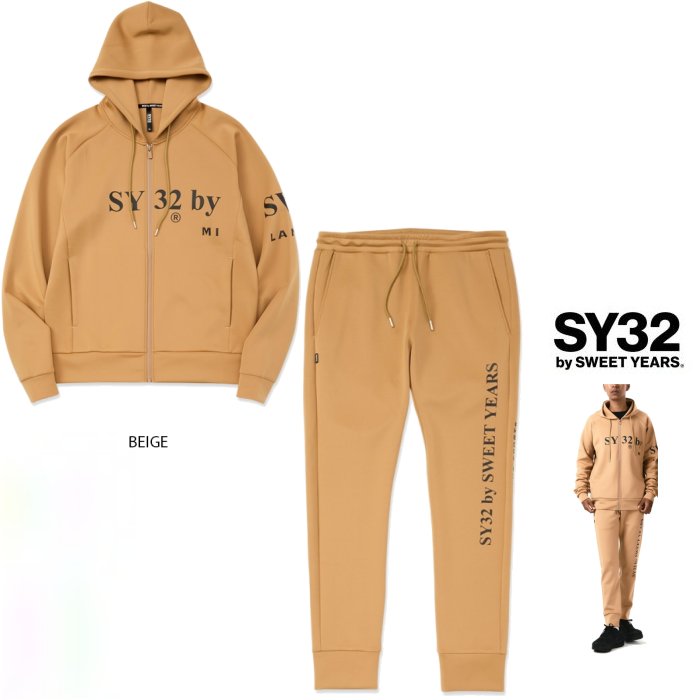<br>SY32 by SWEET YEARS<br>【 スィートイヤーズ 】<br>15515・15517 BK<br>DOUBLEKNIT SEPARATE GRAPHIC ZIP HOODIE＆DOUBLEKNIT SKINNY SWEAT PANTS<br>BIGロゴ・ZIPパーカー＆スェット・スーツ<br>color【 BEIGE 】ベージュ