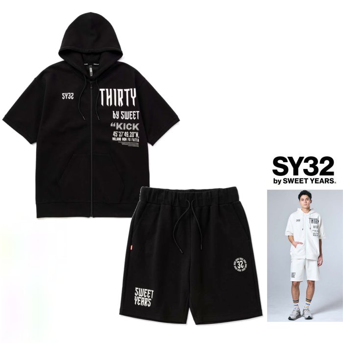 SY32 by SWEET YEARS <br>【SY32 スィートイヤーズ × ホンダ 】<br>32-26SN1-29・30 【 ACTIVE S/S ZIP HOODIE＆SHORT PANTS SET UP SUITS 】<br>フード＆スェットショートパンツ・SET UPスーツ <br>color:【 BLACK 】ブラック