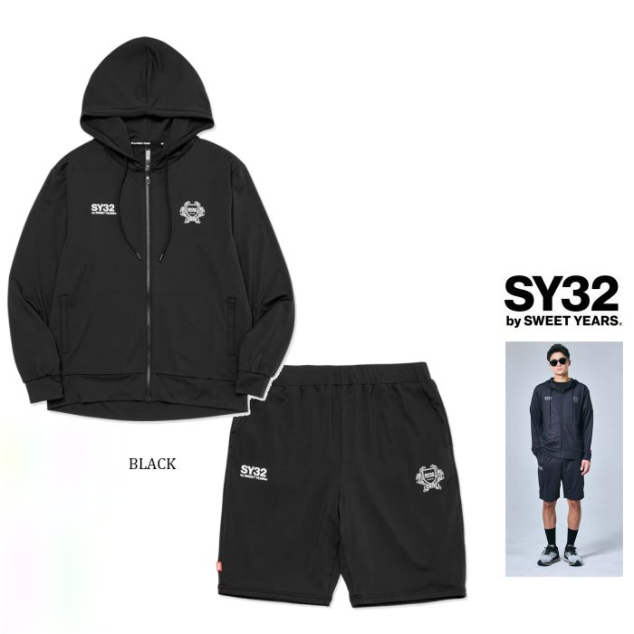 SY32 by SWEET YEARS \u003cBR\u003e【 スィートイヤーズ 】\u003cBR\u003e32-26SN1-46/47【 RASH GUARD ベーシック ZIP HOODIE＆SHORT PANTS SET UP SUITS 】\u003cBR\u003eラッシュガード・ベーシックフード＆スェットショートパンツ・SET UP背広 \u003cBR\u003ecolor:【 BLACK 】黒いこと