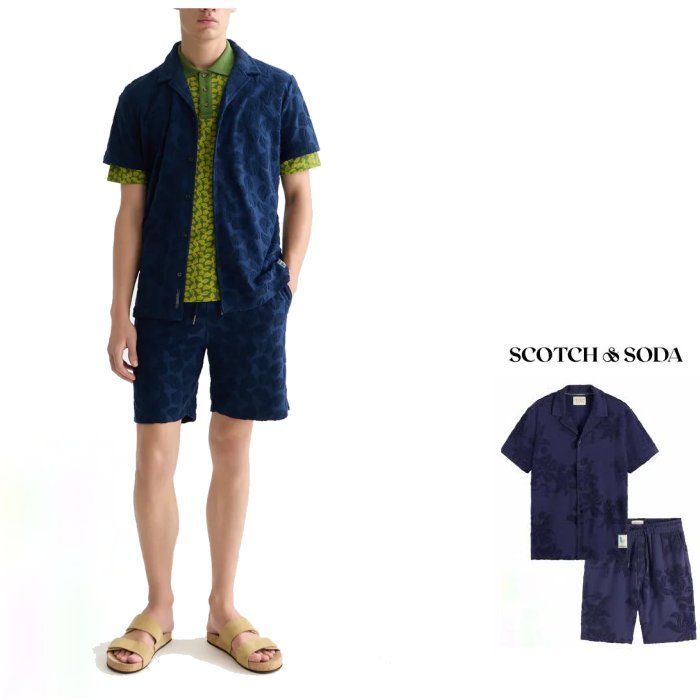 SCOTCH＆SODA 【 スコッチ&ソーダ 】 183140・182248【 Short Sleeved Towel Shirt＆Shorts 】 パイル 半袖テーラード・ブラウス・ショーツ タオル地・カット・カーディガン・ショートパンツ・セットアップスーツ color:【 NAVY 】ネイビー