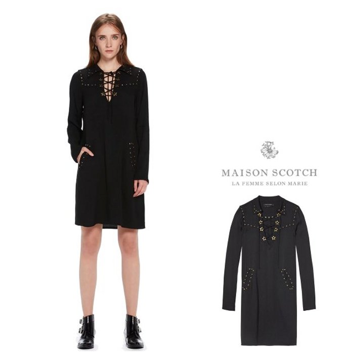 熱販売 Maison Scotch ブラック Black 膝丈ワンピーススタッツ プルオーバーcolor 90 Dressvレースアップ Tencel Lace Up メゾンスコッチ スコッチ ソーダ ワンピース Www Williamssound Com