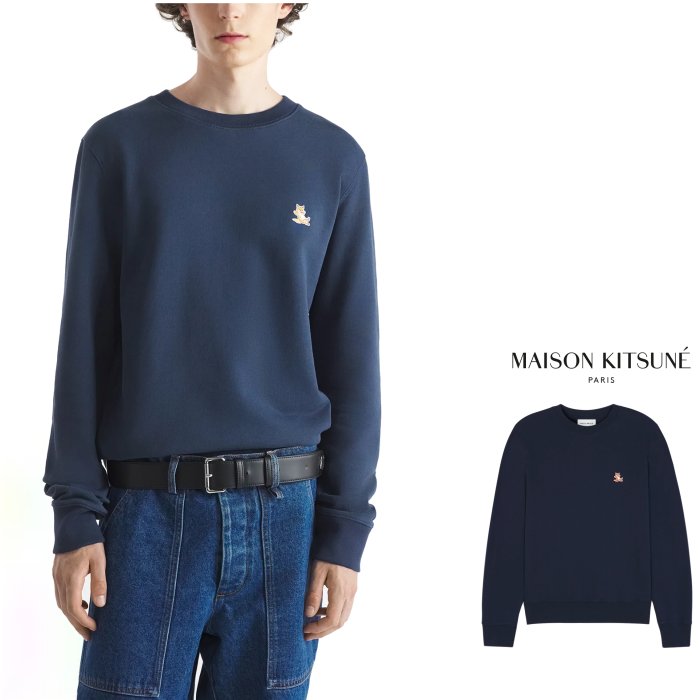 Maison Kitsune【 メゾン キツネ 】 LM00303KM0001-P476『 chillax-patch-regular-sweatshirt-ink-blue』 チラックス フォックス パッチ トレーナー メルトン・刺繍クルーネック・スェット color：P494【 INK BLU 】インク・ブルー