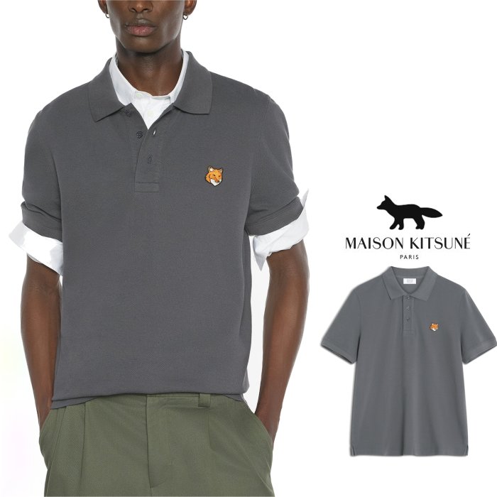 Maison Kitsune【 メゾン キツネ 】 PM00209KP0002『 1POINT FOX HEAD POLO SHIRTS 』 フォックス ヘッド レギュラー ポロシャツ 刺繍・フォックス・ポロ color：P180【 charcoal 】チャコールグレー