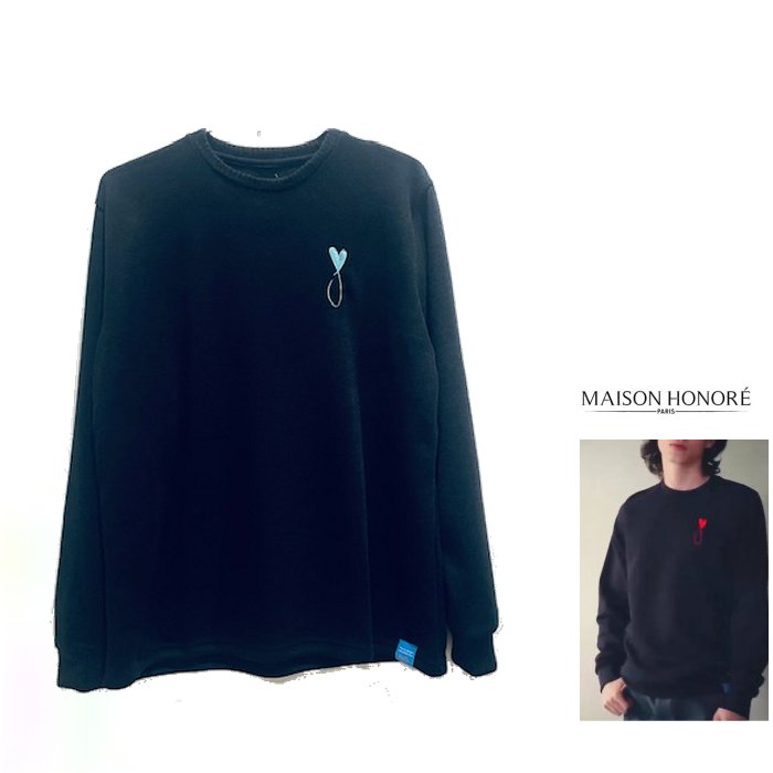 MAISON HONORE 【メゾンオノレ 】 tiphaklt 『 Tiphanie Knit Long Tee 』 UNI SEX 1Point Crew-Neck Tee 男女兼用・長袖・刺繍ニット color【 BLACK 】ブラック×ブルー
