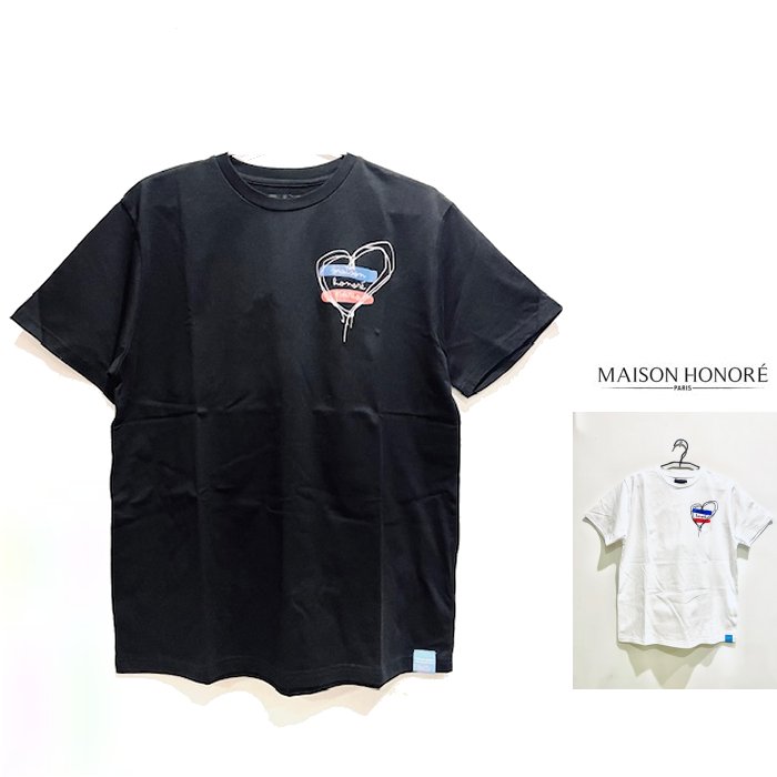 MAISON HONORE 【メゾンオノレ 】 Noeline 『HEART & Maison Honore Paris S/S Tee』 UNISEX Crew-Neck Tee 男女兼用・プリント＆刺繍半袖・クルーネックTシャツ color【 BLACK 】ブラック color【 WHITE 】ホワイト