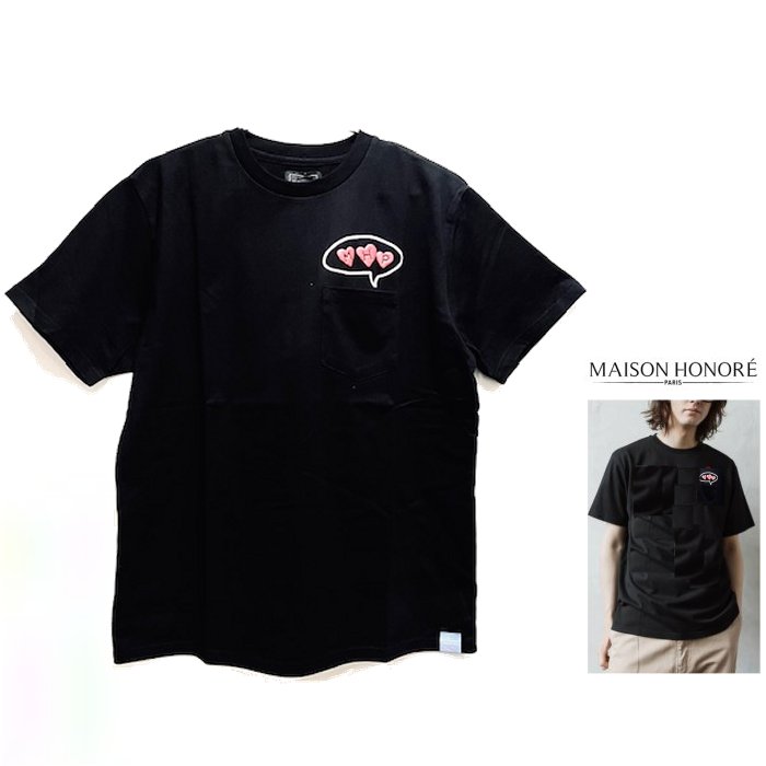MAISON HONORE 【メゾンオノレ 】 pckt-2『 Pocket Tee-2　S/S Tee 』 UNISEX Crew-Neck Tee 男女兼用・胸ポケ半袖・プリントTシャツ color【 BLACK 】ブラック color【 WHITE 】ホワイト