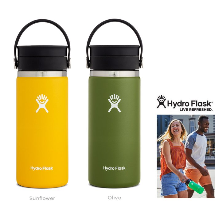 HYDRO FLASK 【ハイドロ フラスク】16オンス ワイド・マウス 『COFFEE 16 oz Flex Sip』SPEC・容量:473ml 本体寸法 幅×高さ:74mm×201mm 重量:336g 18/8 ステンレス製 color:【OLIVE】オリーブ color:【Sunflower】サンフラワー