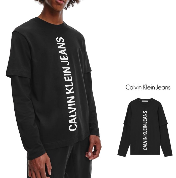 Calvin Klein JEANS 【 カルバンクライン・ジーンズ 】 J30J3188730【 Logo Crew Long Sleeve T-Shirt 】 胸・縦ロゴ・ロングスリーブ・Tシャツ color：【 BLACK 】ブラック