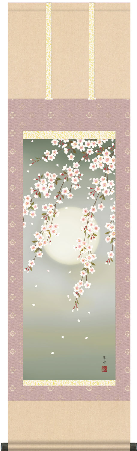 掛け軸 夜桜 緒方葉水 尺三立　幅44.5cm×丈164cmcm【受注製作品 通常10日前後】
