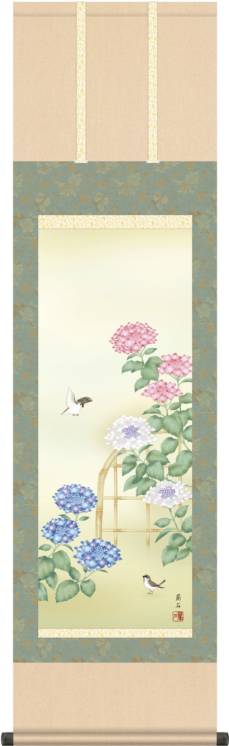 掛け軸 紫陽花 高見蘭石 尺三立　幅44.5cm×丈164cm【受注製作品 通常10日前後】
