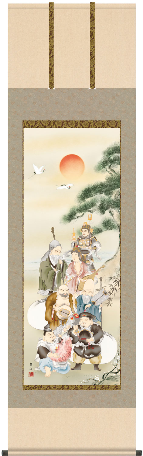 掛け軸 七福神 緒方葉水 洛彩緞子 最高級筋廻仕様 尺五立 幅54.5cm×丈190cm【受注製作品 通常10日前後】|大瑠堂