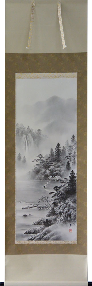 掛軸 水墨山水 阿波千明作(掛け軸 尺五立) 幅54.5cm×丈190cm【当日出荷可能】【送料無料】【掛け軸 販売】【smtb-kd】【楽ギフ_包装】【楽ギフ_のし宛書】|大瑠堂